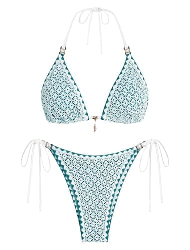 ZAFUL Womens 2 Piece Triangle Bikini Hollow Out Halter Bikini Sets Sexy Bathing Suit High Waisted Side Tie Swimsuits 1-Green S - Image 1