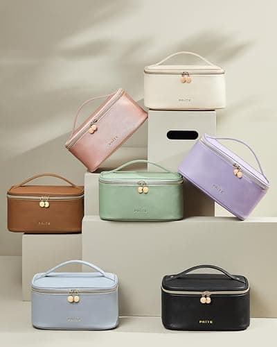 Prite Makeup Bag, Large Capacity Portable Travel Cosmetic Bag, Waterproof Makeup Organizer for Women with Handle and Divider (001 Checkered Pink) - Thumbnail 6