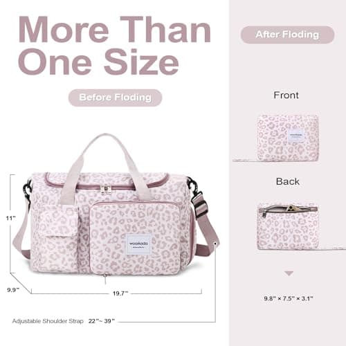 WOOMADA Foldable Travel Duffel Bag with Shoes Compartment, Overnight Bag with Wet Pocket & Trolley Sleeve, Weekender Bags for Women(A-pink leopard) - Thumbnail 2