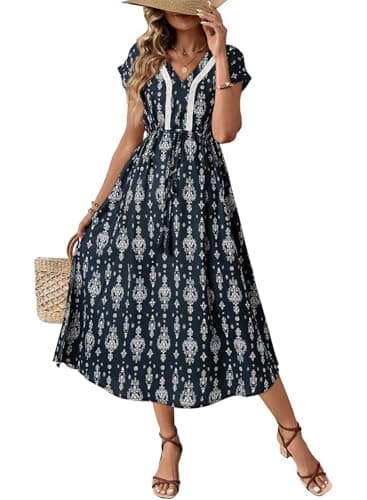 Dokotoo Floral Sundress for Women Loose Drawstring Waist Flowy Daily Cap Sleeve Summer Dresses for Women Lightweight Boho Summer Midi Dress Casual Vacation Outfits Resort Wear Navy Blue L - Image 1