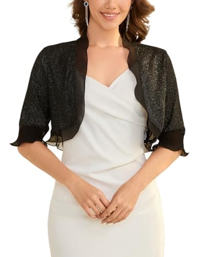 Molirex Bolero Shrugs for Women Summer Short Sleeve Cardigans for Dresses Open Front Sheer Chiffon Shawls Black M - Image 1