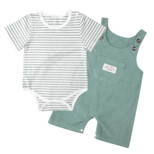 JiuBreeze Baby Boys Bodysuit Summer Clothes Set 2-pcs Striped Romper & Overalls Shorts Set Jumpsuit 0-12Months (Green, 9-12M) - Image 1