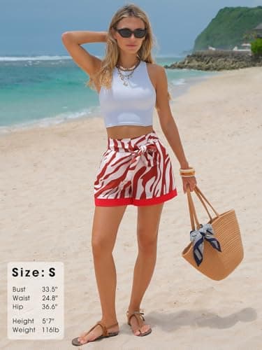 EXLURA Womens High Waist Boho Shorts Zebra Print Color Block Tie Knot Summer Beach Vacation Flowy Shorts with Pockets 2026 Red - Thumbnail 4