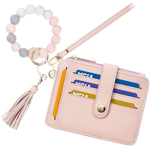 Airkit Wristlet Wallets for Women, Keychain RFID Blocking Credit Card Holder, Small Girly Wallet with Bracelet, Silicone Beaded Tassel Key Ring Card Holder, Pink - Image 1