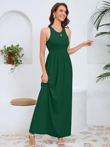 DEARCASE Sleeveless Maxi Dress for Women Dark Green Medium Wedding Guest A-line Casual Party Vintage Spring Summer Floor Length Ladies Beach Sundress Plain Vacation Long Flowy Dresses with Pockets - Thumbnail 4