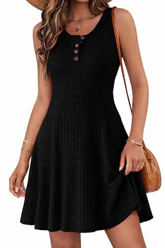 Lazysmile Summer Sleeveless Dresses for Women Crewneck Button Down Ribbed Knit A Line Casual Short Dress Black - Image 1