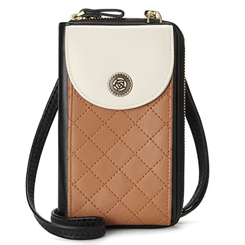BROMEN Small Cell Phone Purse Crossbody Bags for Women Vegan Leather Wallet Purses with Credit Card Holder Brown with White - Image 1