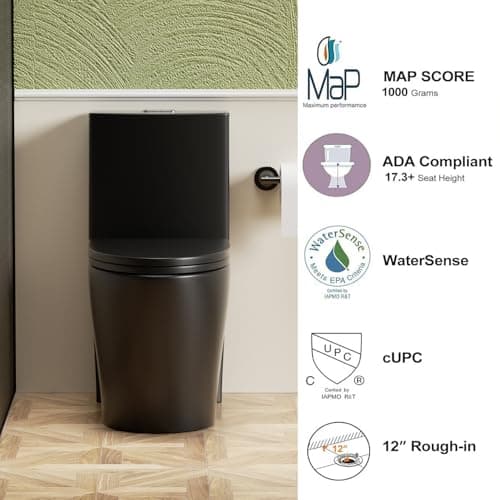 Elongated One Piece Toilet with Comfort Chair Seat ADA Height 17.3" Modern Toilet for Bathroom, Dual Flush 0.8/1.6 GPF and MAP 1000g, 12" Rough-In, Soft Closing Seat,Matte black - Thumbnail 6