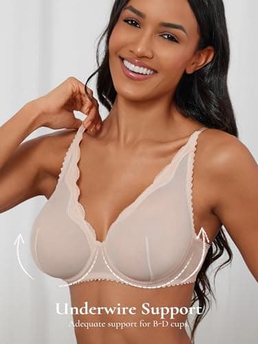 zossav Sexy Bras for Women Mesh Sheer Bralette Lace Trim See Through Unpadded Bra 32D - Thumbnail 4