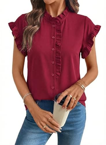 BLENCOT Shirts for Women Summer Ruffle Short Sleeve V Neck Button Down Shirt Dressy Blouses Casual Business Work Solid Tunic Tops Medium Burgundy - Image 1
