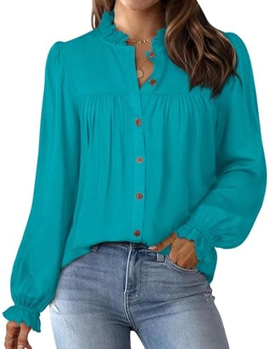 Women's Blouses Dressy Casual Button Down Long Puff Sleeve Elegant Retro Pleated Office Shirts Tops Blue Green L - Image 1