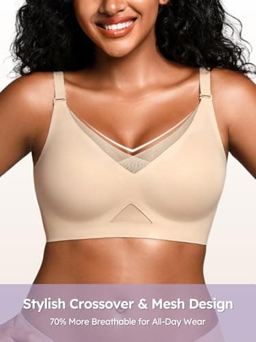 Cuteio Wireless Bras for Women No Underwire, Seamless V Neck Mesh Bralette with Support, Everyday Full Coverage Comfortable Bra Skin - Thumbnail 4