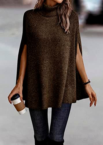KIRUNDO Women's 2026 Fall Winter Turtleneck Poncho Sweater Fashion Chunky Knit Cape Wrap Sweaters Pullover Jumper Tops(Dark Coffee, X-Large) - Thumbnail 2