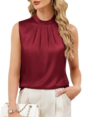 Funlingo Silk Satin Tank Tops for Women Sleeveless Casual Camisole Blouses Summer Trendy Work Shirt Business Casual Outfits Wine Red 2XL - Image 1