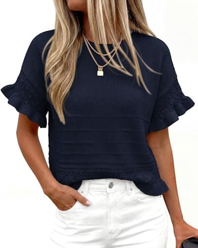 KIRUNDO Short Sleeve Sweater for Women 2026 Spring Summer Tops Crochet Round Neck Ruffled Hem Knit Pullover Casual Blouse(Navy Blue, XX-Large) - Thumbnail 5