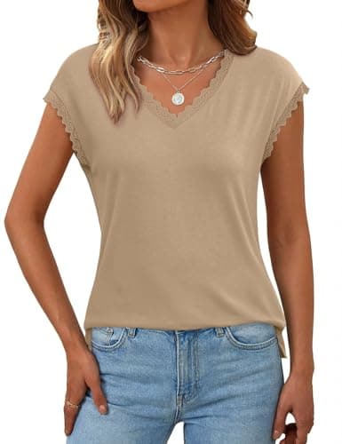 JUSTFASHIONNOW Cap Sleeve T Shirts for Women Lace Trim V Neck Tops Dressy Casual Blouses Cute Summer Tank Tops Spring Clothes(Khaki,Medium) - Image 1