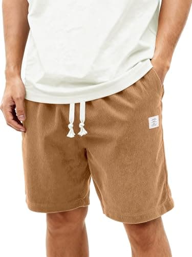 HOTake Mens Corduroy Shorts Casual 7 Inch Elastic Waist Drawstring Summer Beach Loose Fit Shorts Khaki - Image 1