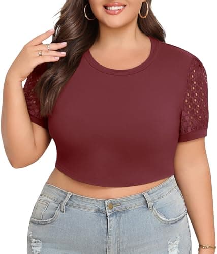 Lastshe Plus Size Crop Tops for Women Lace Short Sleeve Basic Workout Tshirts Summer Spring Gym Cute Athletic Tees,Wine Red,1X - Image 1