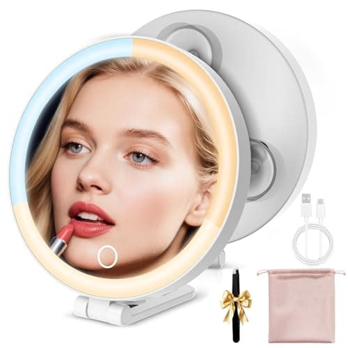 Travel Makeup Mirror with Lights, Lighted Magnifying Mirror 10X, 4-in-1 Portable for Handheld, Tabletop, Hanging and Wall Mount with Suction Cup and 3 Color Light, Ideal Gift for Women and Seniors - Image 1