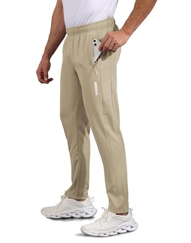 Hioutdoor Mens Athletic Pants Lightweight Slim Fit Track Pants with Zipper Pockets, Quick Dry Sports Pants for Running Gym Khaki 3XL - Image 1