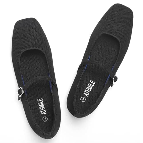 ATHMILE Square Toe Ballet Flats Mary Janes Shoes Women with Padded Heel & Adjustable Strap, Knit Slip-On Flats for Women for Office, Dressy & Casual, Machine Washable for Easy Care Black Size 9.5