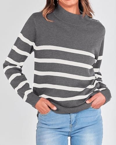 KIRUNDO Fall Sweaters for Women 2026 Striped Turtleneck Ribbed Knit Sweater Trendy Pullover Jumper Winter Fashion Clothing(Large, Gray) - Thumbnail 6
