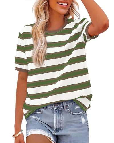 BTFBM Summer Tops for Women 2026 Crewneck Short Sleeve Striped T Shirts Casual Spring Clothes Color Block Basic Tee Blouses(Light Green White, XX-Large) - Image 1