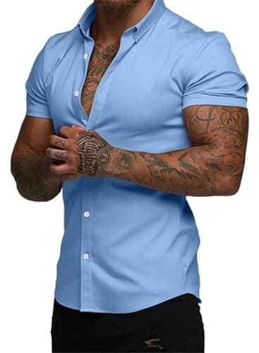 JMIERR Mens Dress Shirts Muscle Fit Casual Button Down Stretch Short Sleeve Wrinkle-Free Shirt Summer Beach Shirts,XL,Blue - Image 1