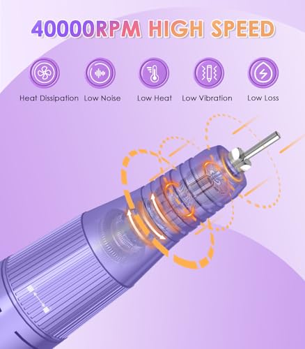 Portable Electric Nail Drill Machine: Professional Nail File Machine 40000RPM, Rechargeable Cordless Nail-E File with Bits & Base for Acrylic Nails Remove Gel Polish Manicure Salon Home, Light Purple - Thumbnail 4