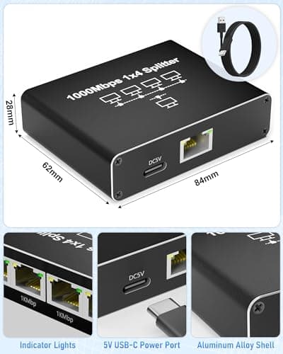 Internet Splitter 1 in 4 Out, Gigabit Ethernet LAN Splitters High Speed 1000Mbps RJ45 Ethernet Switch for Cat8/7/6/5e/5 Cable [4 Devices Simultaneous Networking] - Thumbnail 3