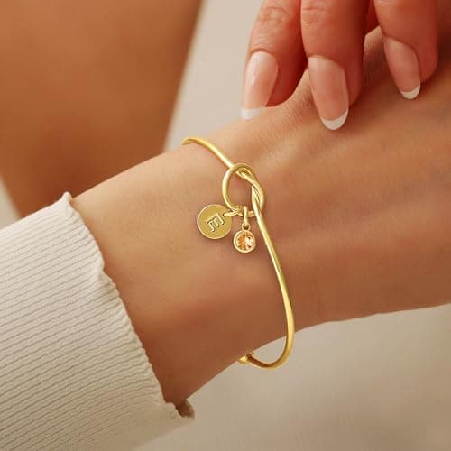 Turandoss September Birthstone Bracelets for Women, Trendy 14K Gold Plated Disc Letter M Love Knot Cuff Bracelet Created Sapphire Birthstone Bracelets Birthday Friendship Gifts for Women - Thumbnail 2