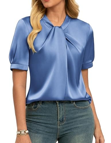 GRACE KARIN 2026 Women Satin Tops Short Sleeve Blouse Mock Neck Work Silk Shirts Business Casual Outfits Slate Blue M - Image 1
