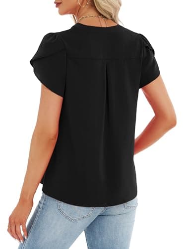 Funlingo Blouses for Women Dressy Casual Ruffle Short Sleeve Black Tops Spring Trendy V Neck Tunic Work Shirt for Business Office 2XL - Thumbnail 5