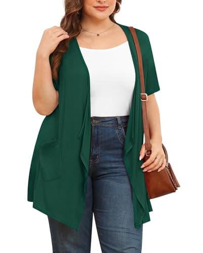 TIANZHU Sheer Cardigan Lightweight Open Drape Front Short Sleeve Dressy Cardigan Fall Sweater XL Dark Green - Image 1
