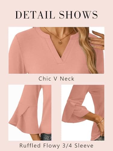 GKBK Women's Blouses Ruffle 3/4 Sleeve Dressy Top V Neck Casual Tunic Blouses Business Shirts Pink L - Thumbnail 4