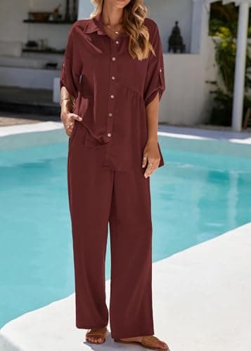 KIRUNDO Two Piece Sets for Women Spring Outfits 2026 Summer Dressy Casual Button Down Shirt Wide Leg Pants Lounge Set(Brown, Small) - Thumbnail 4