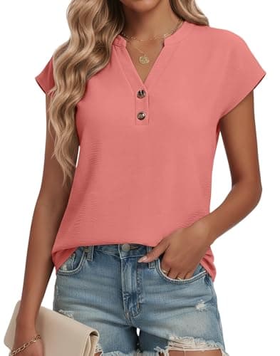 Lepunuo Womens Blouses Dressy Casual Trendy Summe Dressy Casual Tops 2026 Formal Button Down Cap Sleeve V Neck Shirts A - Pink - Image 1