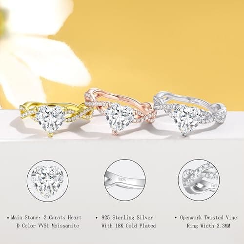 SILVERNANA 2ct Heart Moissanite Engagement Ring for Women 925 Sterling Silver Twisted Vine Pave Band Heart Solitaire Promise Ring for Her Size 4.5 - Thumbnail 2
