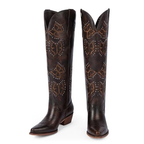 Easyfox Cowboy Boots for Women Dark Brown Rhinestone Knee High Cowgirl Boots Chunky Heel Chocolate Butterfly Embroidered Western Boot Slip on Pointed Toe Block Heel Cow Girl Boot Size 10 - Thumbnail 6