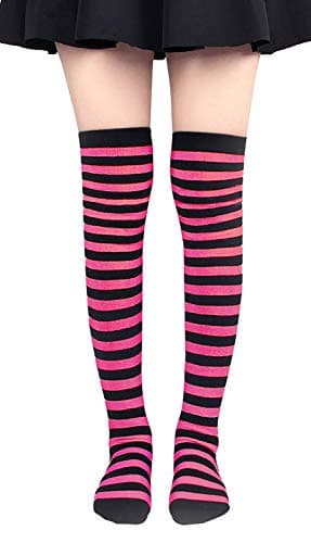Bienvenu Women Stretch Striped Socks Knee High Stockings Long Arm Warmer Fingerless Mitten Gloves,Fuchsia - Thumbnail 3