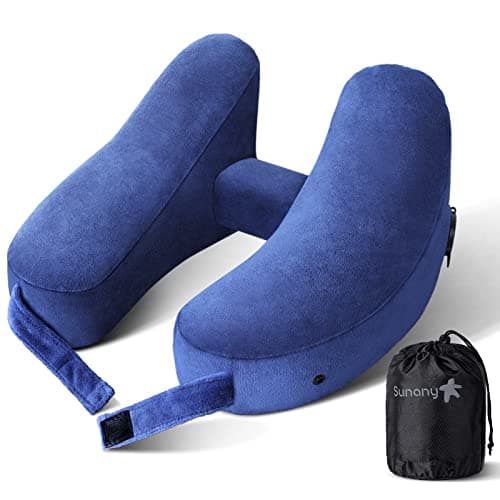 Sunany Neck Pillow for Travel Inflatable Airplane Pillow Comfortably Supports Head, Neck and Chin, Inflatable Travel Pillow with Soft Velour Cover and Portable Drawstring Bag (Blue) - Image 1