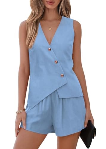 Lazysmile Summer 2 Piece Sets for Women Fashion Matching Set Button Down Suit Vest Tops and Shorts Casual Outfits - Image 1