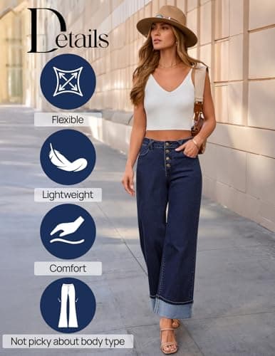 MEROKEETY Wide Leg Jeans Women 2026 Baggy Trendy Mid Rise Button Fly Straight Leg Turned-up Hem Denim Pants with Pockets, Navy Blue, Size 20 - Thumbnail 6