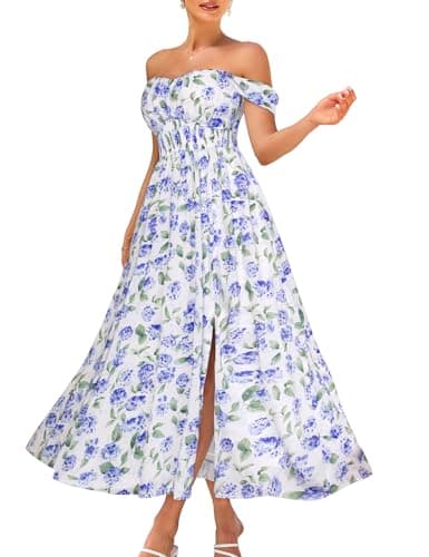 2026 Women's Summer Sleeveless Off Shoulder Floral Flowy A Line Maxi Dresses White Blue Hydrangea M - Image 1