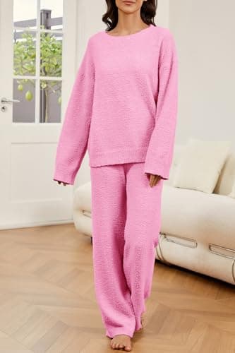 GKBK Lounge Sets for Women 2 Piece Fuzzy Fleece Pajamas Long Sleeve Oversized Lounge Set 2025 Fall Winter Trendy Pink L - Thumbnail 2