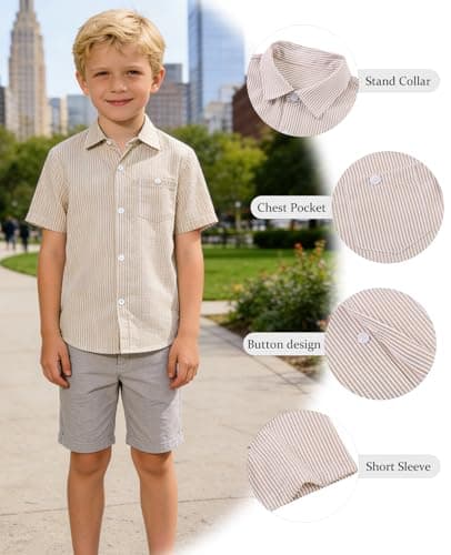 Cozople Khaki Shirts for Boys Button Up Shirt Casual Short Sleeve Funny Stripe Blouse Tops for Vacation Beach Party 7-8 Years - Thumbnail 4