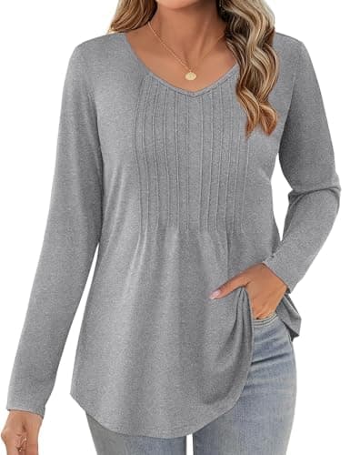 JUSTFASHIONNOW Shirts for Women Trendy Long Sleeve Tops Dressy Blouses Pleated Maternity V Neck Shirt Tunics Early Fall Fashion Winter Clothes (Gray, Large) - Thumbnail 3