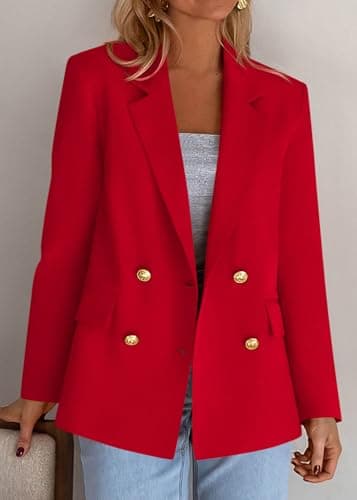 KIRUNDO Blazers for Women Business Casual 2025 Fall Long Sleeve Double Breasted Open Front Work Suit Jackets with Pockets(Red, Medium) - Thumbnail 2