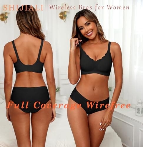 SHIJIALI Jelly Bras for Women Scalloped Push Up Full Coverage No Underwire Bra Wireless Comfort Tshirt Bra Black - Thumbnail 3