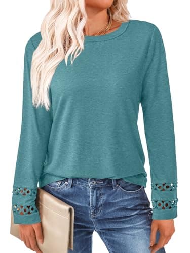 GKBK Womens Long Sleeve Tops Business Dressy Casual Blouses Crewneck Loose Fit Lightweight T Shirts Cute Work Tee Ladies Tunic 2025 Fall Winter Fashion Clothes Trendy Outfits Cyan S - Thumbnail 2